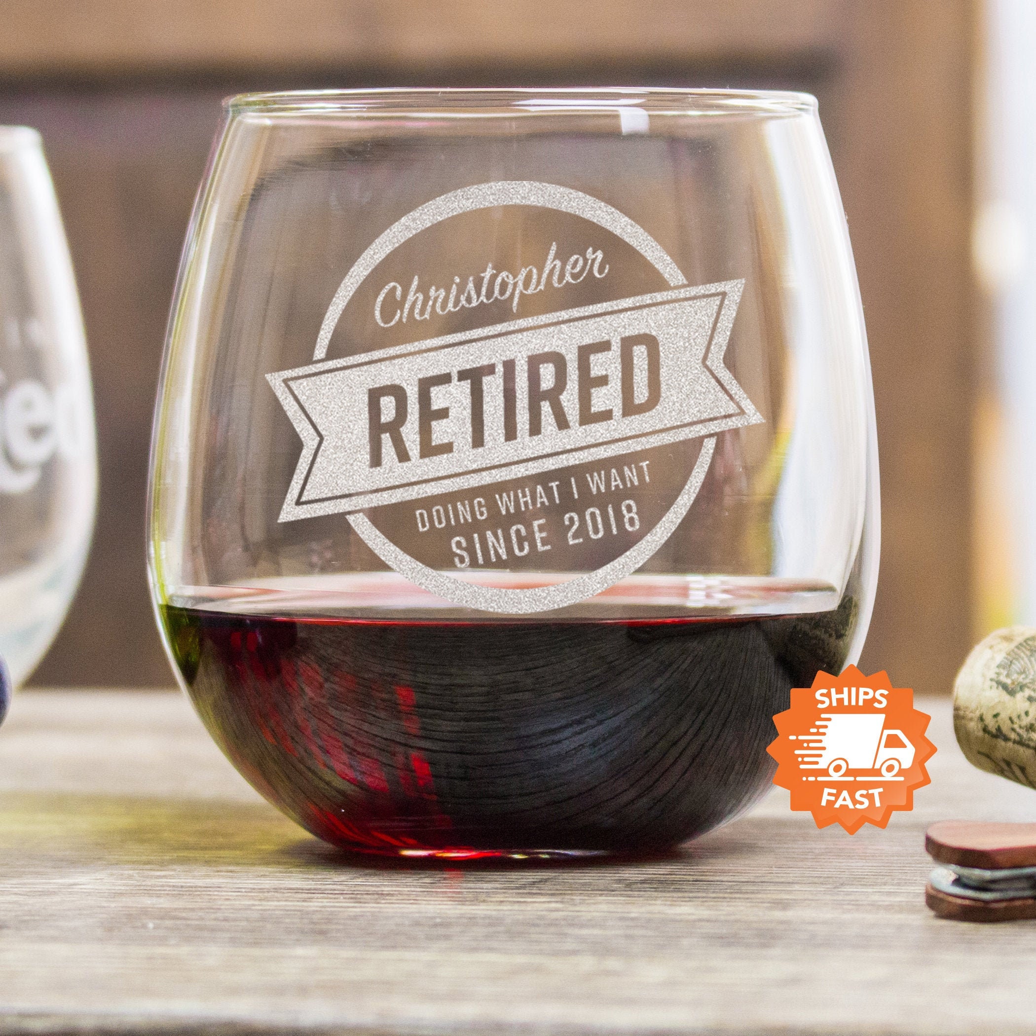 Retirement Gift Crystal Wine Glass with Choice from 8 Hancrafted Wooden Charms