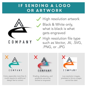 May include: A graphic showing the correct way to send a logo for engraving. The correct logo is black and white, high resolution, and in a vector file format. The incorrect logos are in color, have shading, or are low resolution.