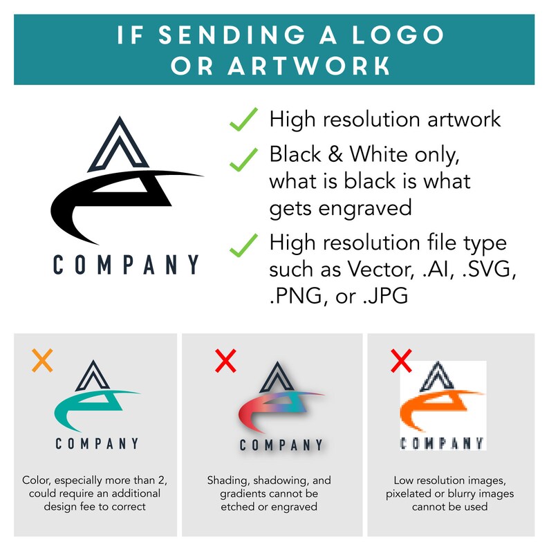 May include: A graphic showing the correct way to send a logo for engraving. The correct logo is black and white, high resolution, and in a vector file format. The incorrect logos are in color, have shading, or are low resolution.