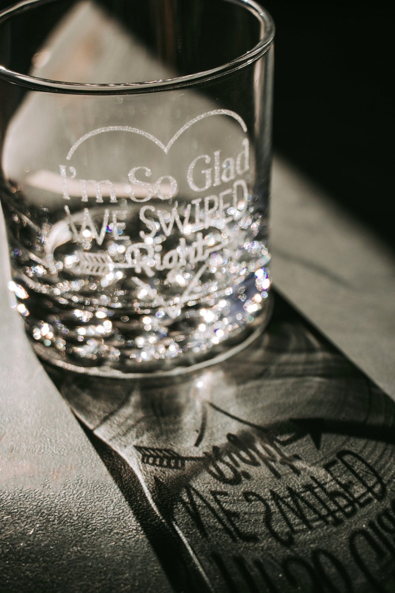 Glad We Swiped Right Whiskey Glass Boyfriend Anniversary Gift, Valentine's Day Gifts for Men, Laser Etched Cocktail Glasses, Design: SWIPE image 2