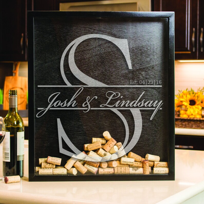 Engraved Wine Cork Holder - Wedding Guest Book Alternative, Wine Cork Shadow Box, Gift for Wine Lovers, Engraved Shadow Box, Design: K3 