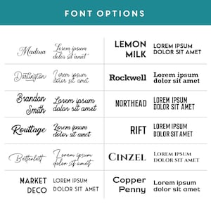May include: A chart with different font options for a logo or design project. The fonts are displayed with the text "Lorem ipsum dolor sit amet" to show how they look. The fonts include Madina, Darlington, Brandon Smith, Routtage, Betterlett, Market Deco, Lemon Milk, Rockwell, Northhead, Rift, Cinzel, Copper Penny.