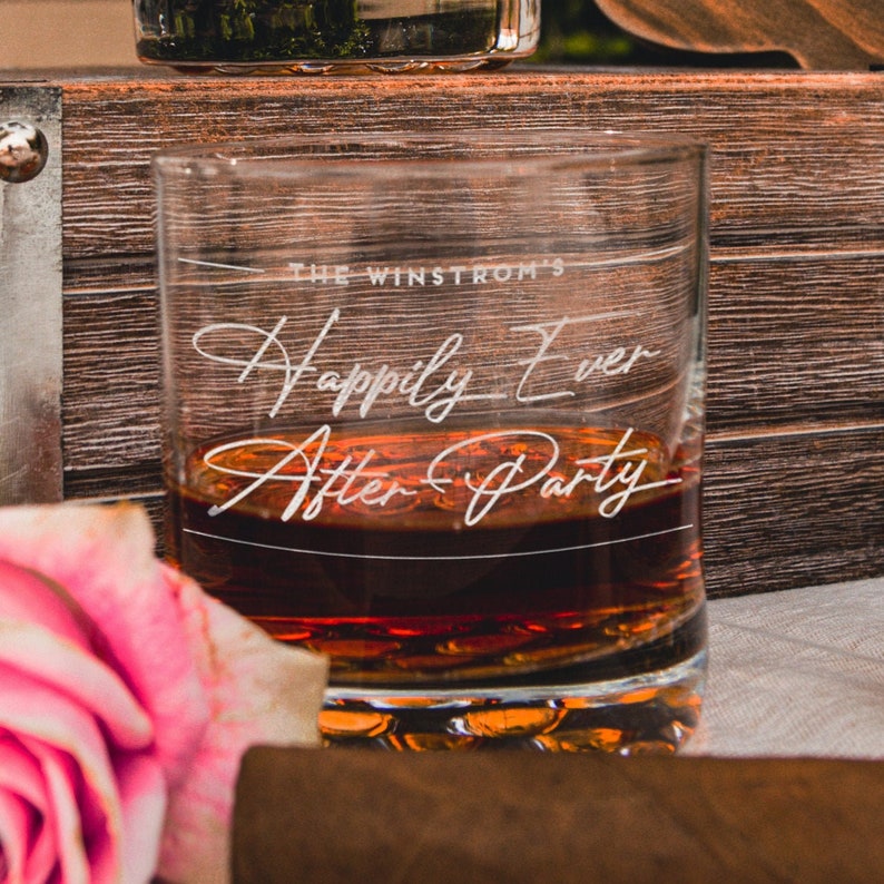 Personalized Whiskey Glasses for Wedding Happily Ever After Party Etched Glass, Cocktail Glass for Wedding Reception, Design: WG7 image 4