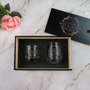 Etched Wine & Whiskey Gift Set - Personalized Gifts for Couples | His and Hers Glasses | Engagement Gift Set | Wedding Glass Set, Design: N8