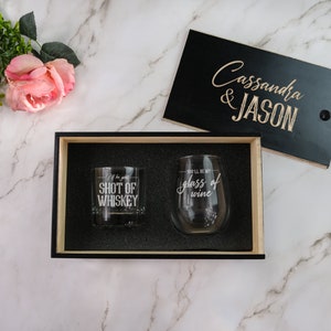Wine & Whiskey Engraved Gift Set - Your glass of wine, My shot of whiskey | Personalized Engagement Gifts | His and Hers, Design: WINEWHISK
