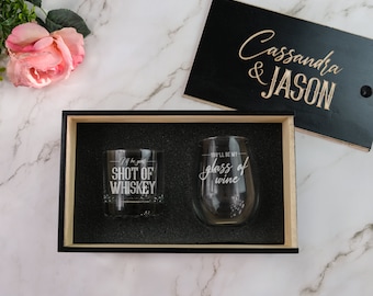 Wine & Whiskey Engraved Gift Set - Your glass of wine, My shot of whiskey | Personalized Engagement Gifts | His and Hers, Design: WINEWHISK