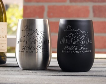 Personalized Wine Tumbler - Outdoorsy Engraved Wine Cup, Custom Text with Mountain Design, Personalized Camping Wine Tumbler, Design: OD1