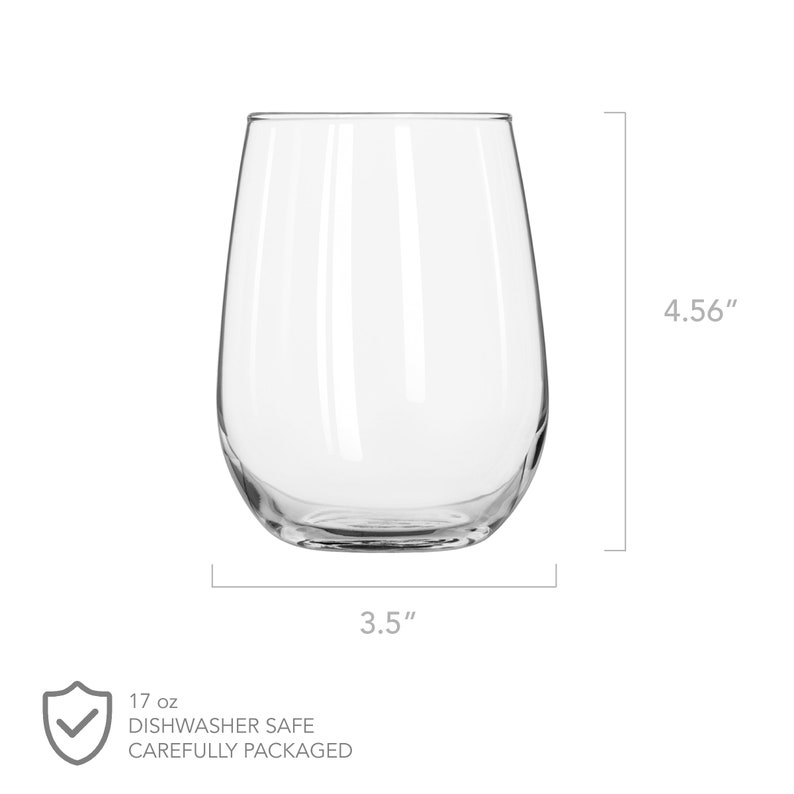 May include: A clear glass wine glass with a 4.56 inch height and a 3.5 inch diameter. The glass is dishwasher safe and holds 17 ounces.