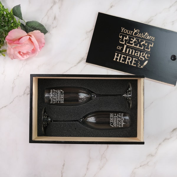 Custom Champagne Flute Set - Engraved Champagne Gift Set, Wood Gift Box, Etched Toasting Glasses, Add Text or Logo, Design: CUSTOM