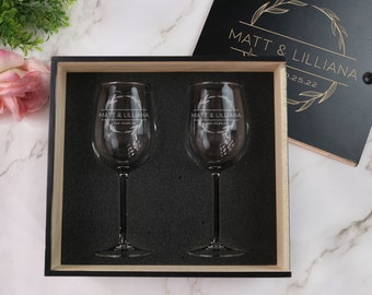 Etched Stemmed Wine Glasses Box Set, Personalized Gift Sets for Couples, Etched Drinking Glasses With Optional Engraved Box,  Design: N8