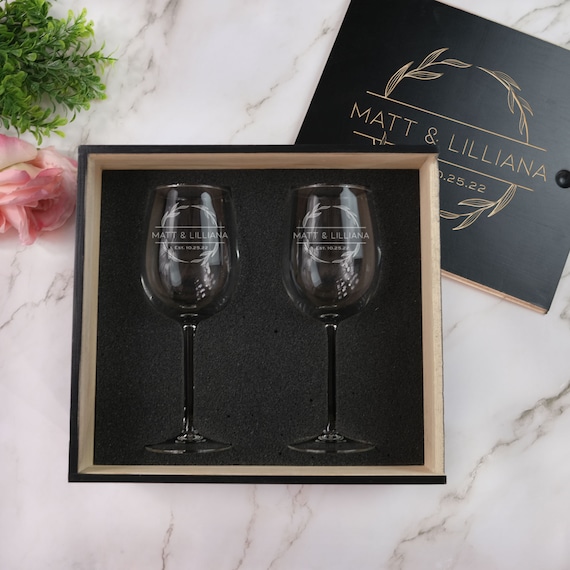 Etched Stemmed Wine Glasses Box Set, Personalized Gift Sets for Couples,  Etched Drinking Glasses With Optional Engraved Box, Design: N8 