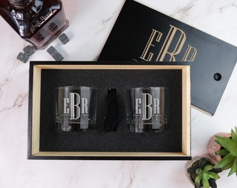 Engraved Whiskey Gift Set - Personalized Glasses, Whiskey Stones, and Engraved Box | Personalized Gifts for Men, Design: INITIAL3