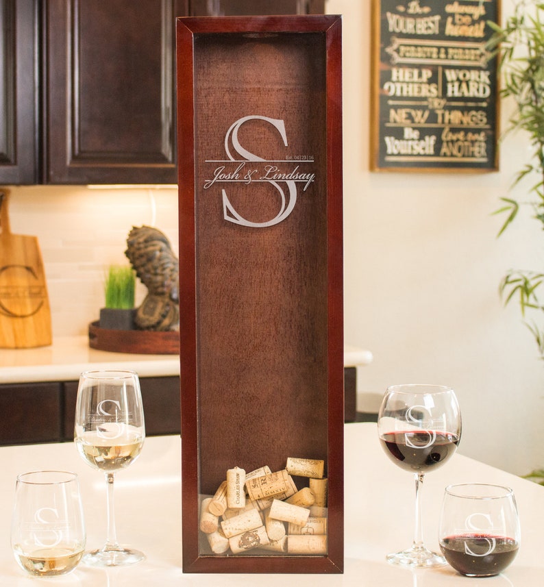 Personalized Shadow Box - Etched Wine Cork Holder, Great Wedding Gift, Engagement Gifts, Design: K3