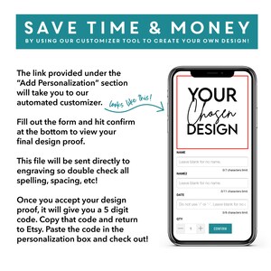 May include: A screenshot of a mobile phone screen showing a customizable design template. The template says "YOUR Chosen DESIGN" and has fields for entering a name, date, and quantity. The text "looks like this!" is written in a handwritten style with an arrow pointing to the phone screen.