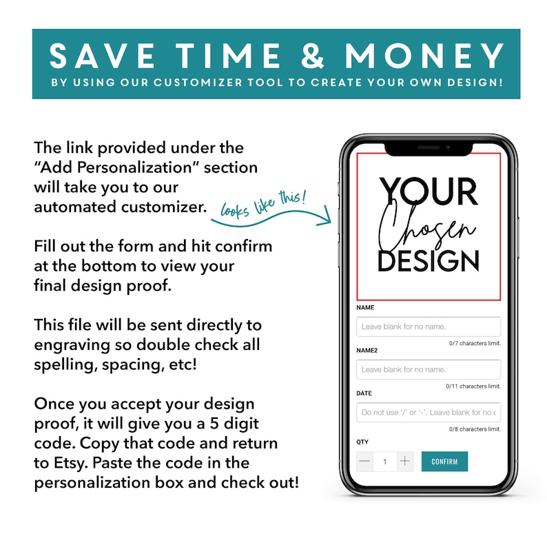 May include: A screenshot of a mobile phone screen showing a customizable design template. The template says "YOUR Chosen DESIGN" and has fields for entering a name, date, and quantity. The text "looks like this!" is written in a handwritten style with an arrow pointing to the phone screen.