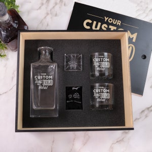 Custom Whiskey Decanter Gift Set - Personalized Engraved Wood Box | Etched Decanter Set w/ Rocks Glasses & Whiskey Stones, Design: CUSTOM