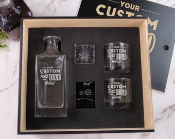 Custom Whiskey Decanter Gift Set - Personalized Engraved Wood Box | Etched Decanter Set w/ Rocks Glasses & Whiskey Stones, Design: CUSTOM