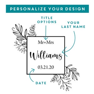May include: A customizable wedding sign template with a black frame and floral accents. The text reads "Mr. + Mrs. Williams 03.21.20".
