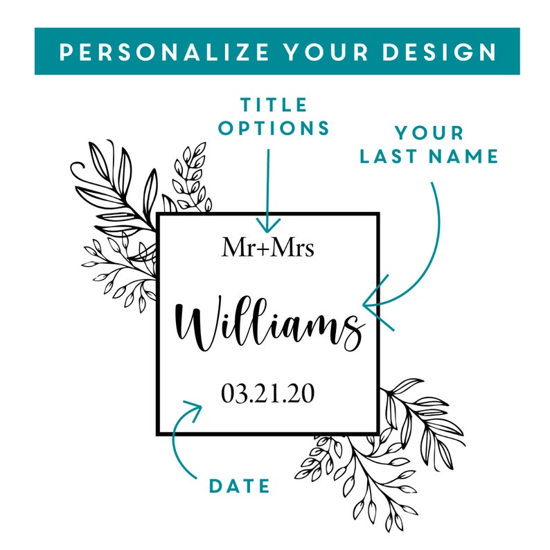 May include: A customizable wedding sign template with a black frame and floral accents. The text reads "Mr. + Mrs. Williams 03.21.20".