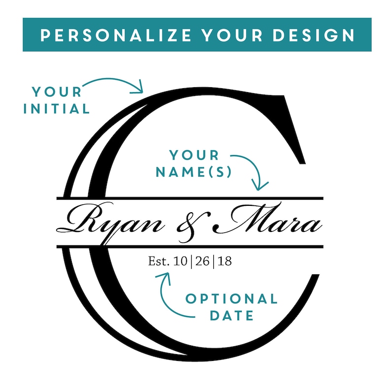 Pode incluir: Um design de monograma em preto e branco com uma grande letra C. O texto "Ryan & Mara" est&aacute; abaixo da letra C, e o texto "Est. 10|26|18" est&aacute; abaixo disso. O texto "YOUR INITIAL" est&aacute; acima da letra C, e o texto "YOUR NAME(S)" est&aacute; &agrave; direita da letra C. O texto "OPTIONAL DATE" est&aacute; abaixo da letra C.