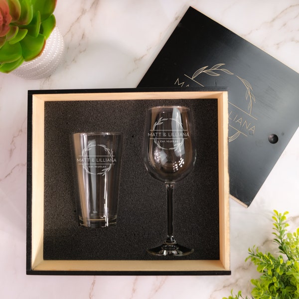 Personalized Wedding Wine & Beer Gift Set for a Couple | Custom Engraved Box Set for Anniversary Gift | Etched Couples Glass Set, Design: N8