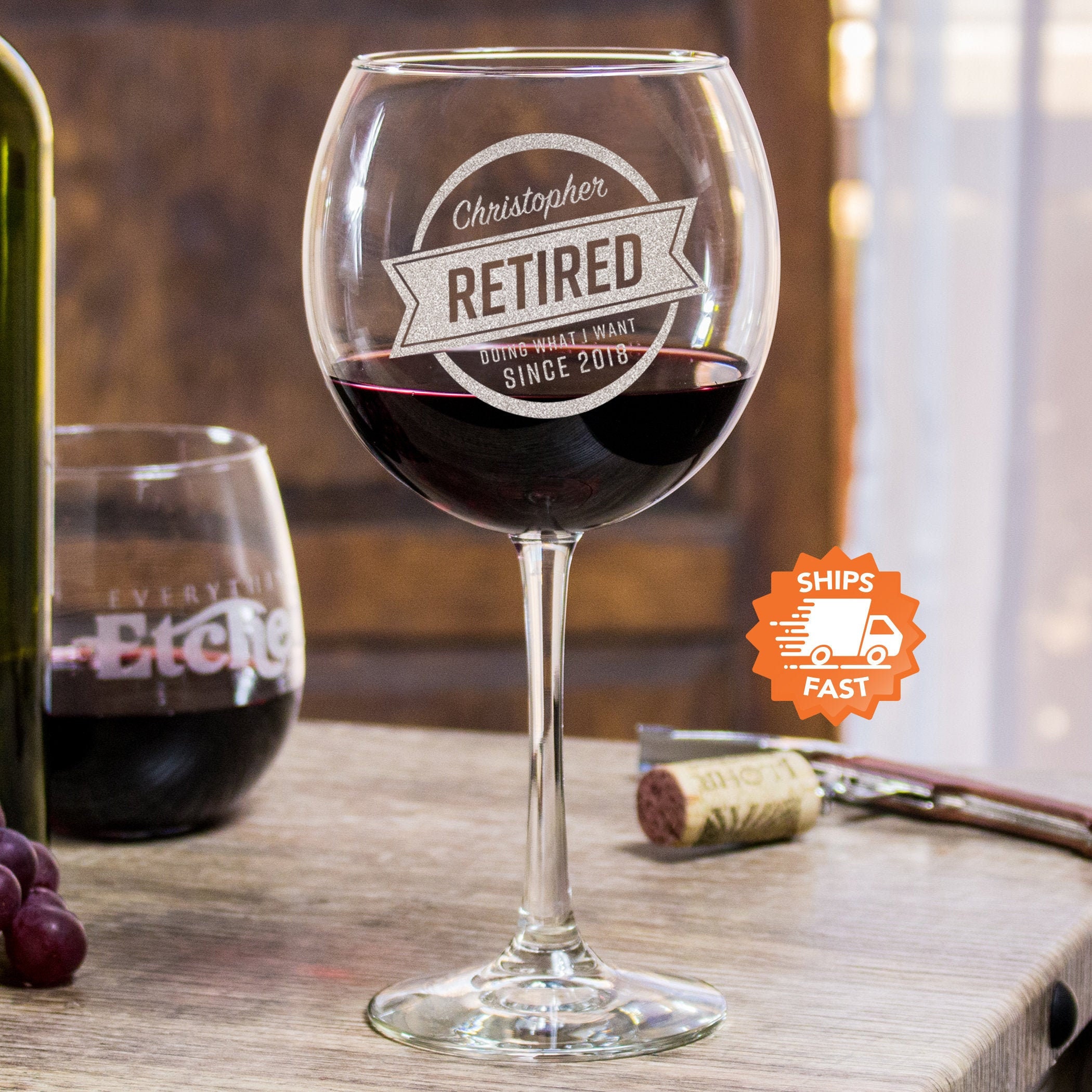 Retirement Gift Crystal Wine Glass with Choice from 8 Hancrafted Wooden Charms