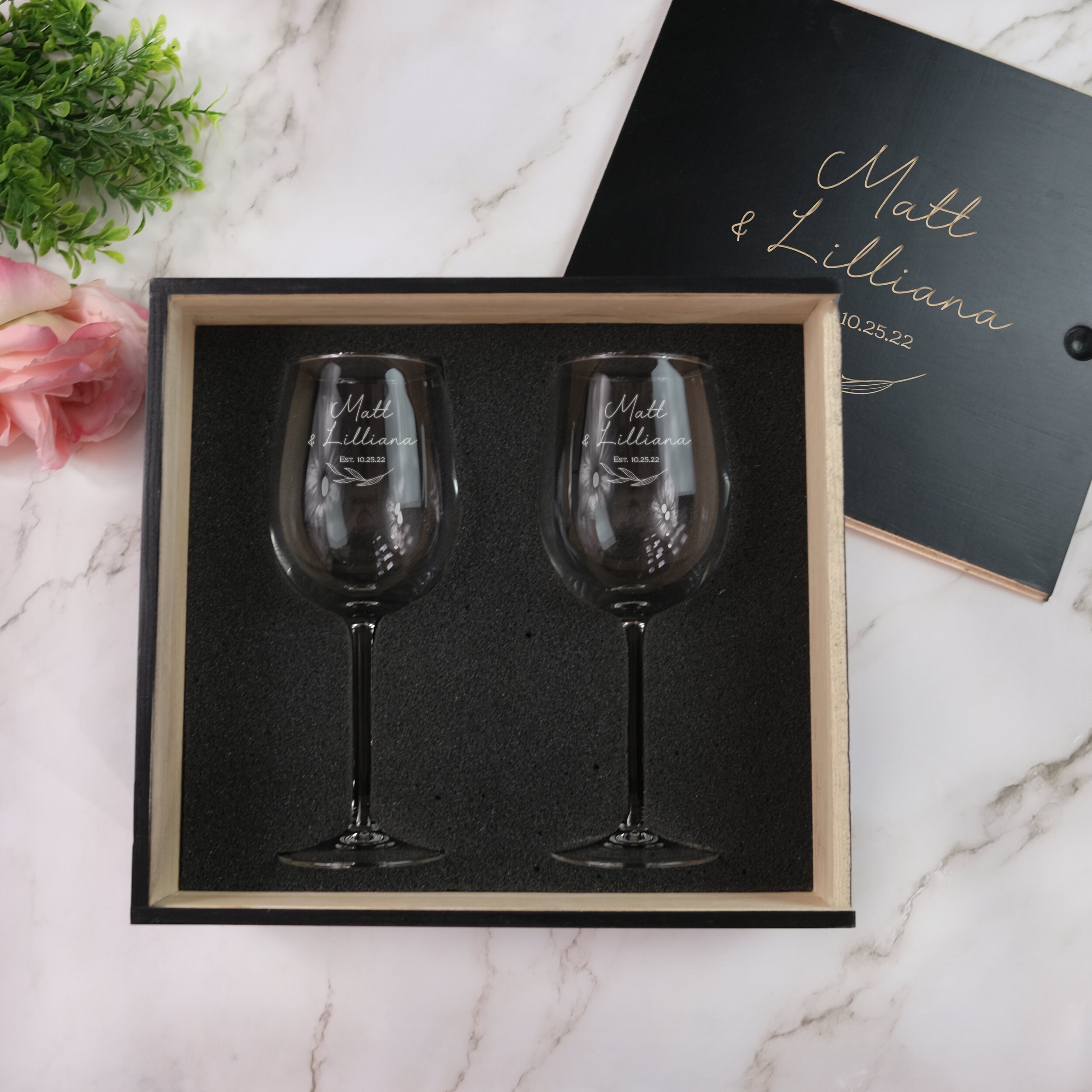 Beautifully Personalized Engraved Wine Glasses - Wedding & Anniversary Gift Set for Couples - Design: N9