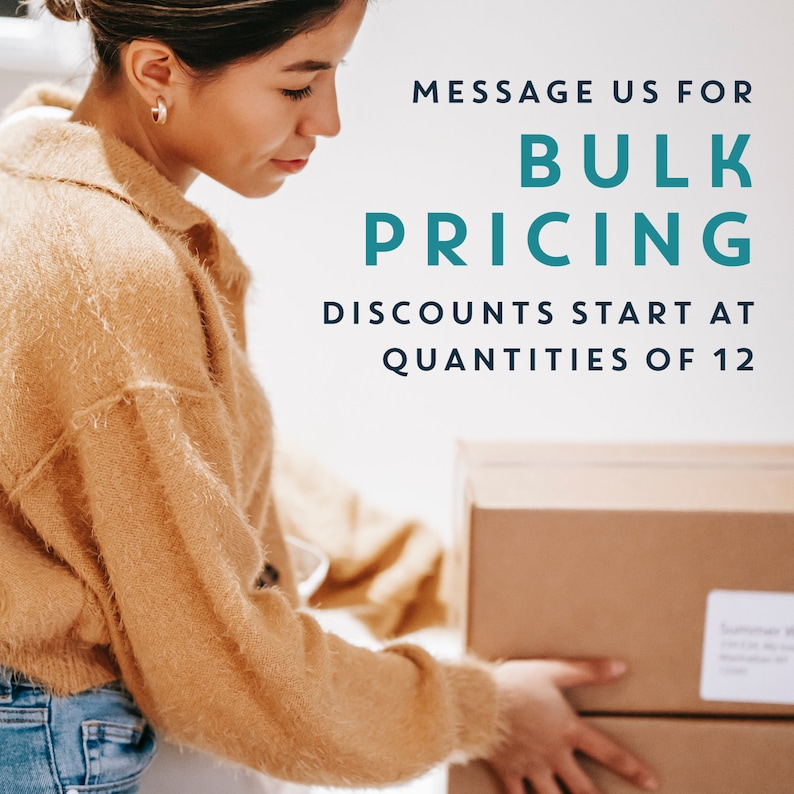May include: A woman is holding a cardboard box. The text on the image reads "Message us for bulk pricing. Discounts start at quantities of 12."