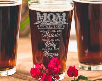 Personalized Gift for Mom - Etched Beer Glass with Kids Names, Mom Established, Mothers Day Gift, Gifts for Moms, Design: MOMEST