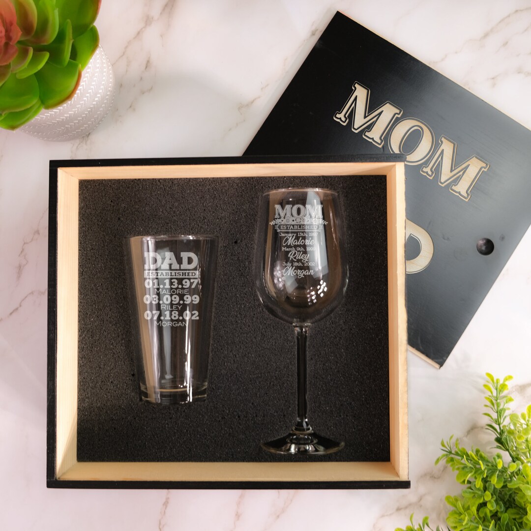 Personalized Glass Set for Mom & Dad Beer and Wine Gift Set Engraved