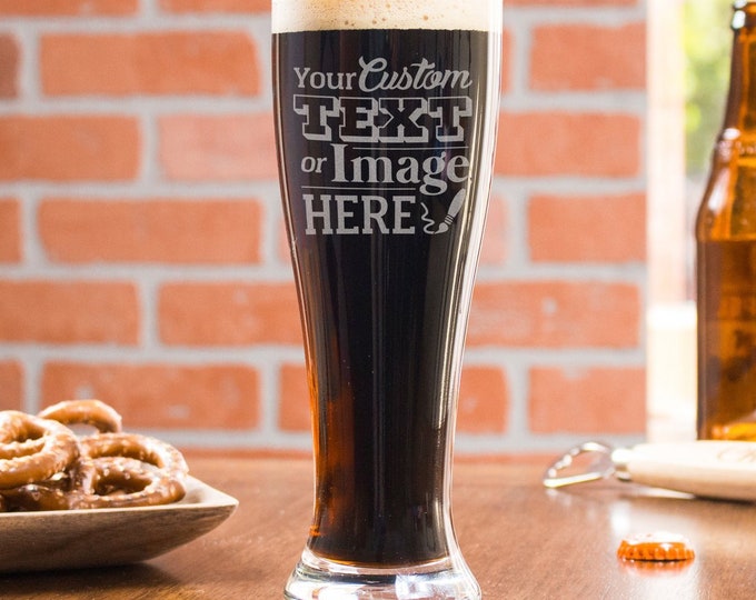 Votre texte ou logo sur des verres pilsner - cadeau bière unique, verres à bière gravés pour hommes, cadeaux de brassage maison, création : CUSTOM
