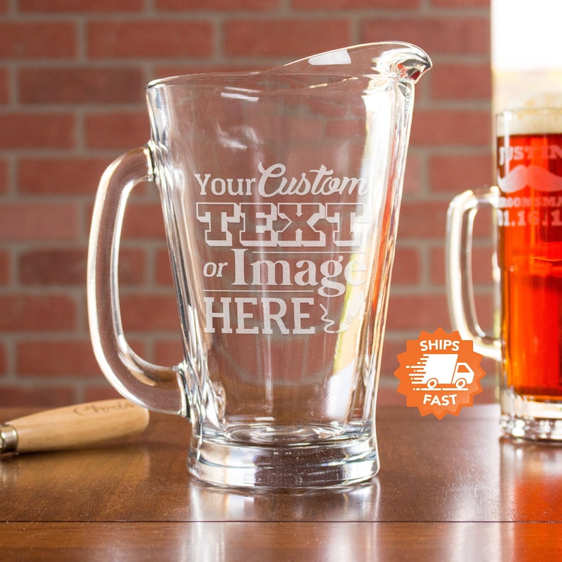 Etched Glass PItcher personalized for your event with any custom logo, text, or image you would like