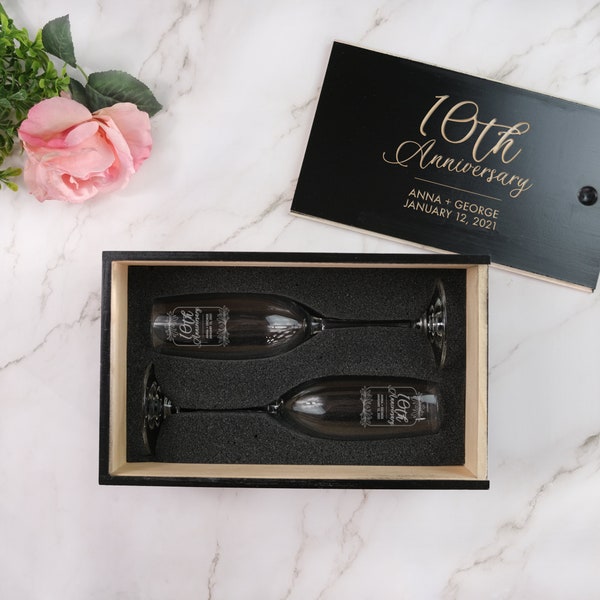 Custom Anniversary Champagne Gift Set - Personalized Champagne Flute Set, Etched Toasting Glasses, Engraved Gift Box, Design: A1