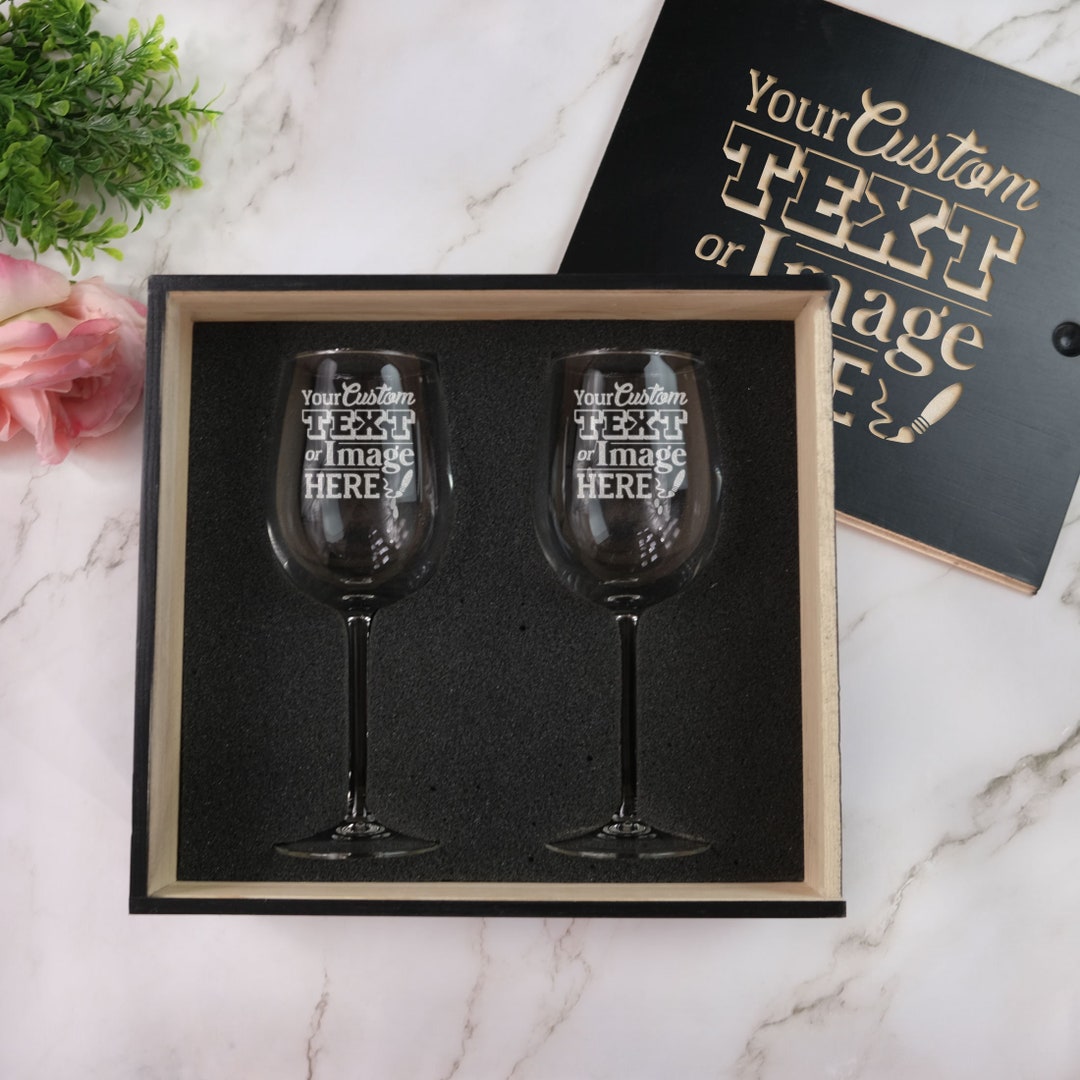 Custom Etched Wine Glasses Box Set Engagement, Wedding, or Anniversary Gifts, Personalize With
