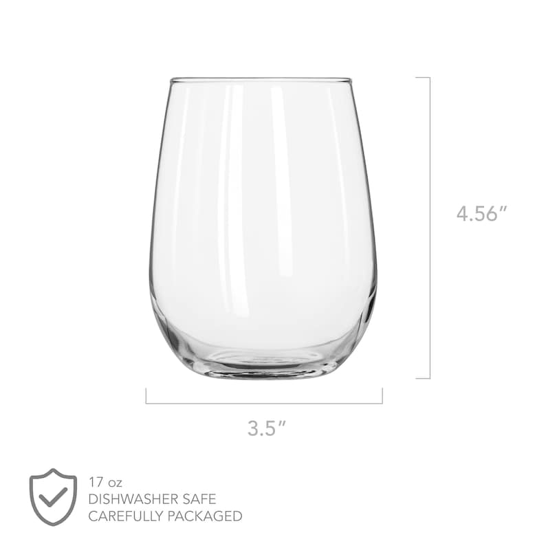 May include: A clear glass wine glass with a height of 4.56 inches and a diameter of 3.5 inches. The glass is dishwasher safe and holds 17 fluid ounces.