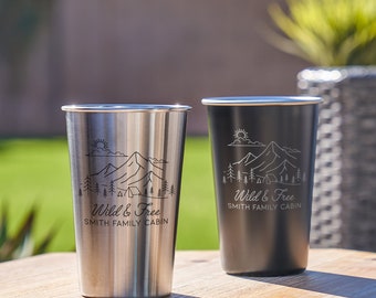 Personalized Camping Cup - Custom Text, Mountain Themed Engraved Glass, Personalized Camping Accessories, Gifts for Couples, Design: OD1
