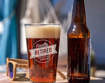 Personalized Retirement Beer Glass - Retirement Gift, Custom Year, Etched Pint Glasses, Retirement Gifts for Men or Women, Design: RETIRED