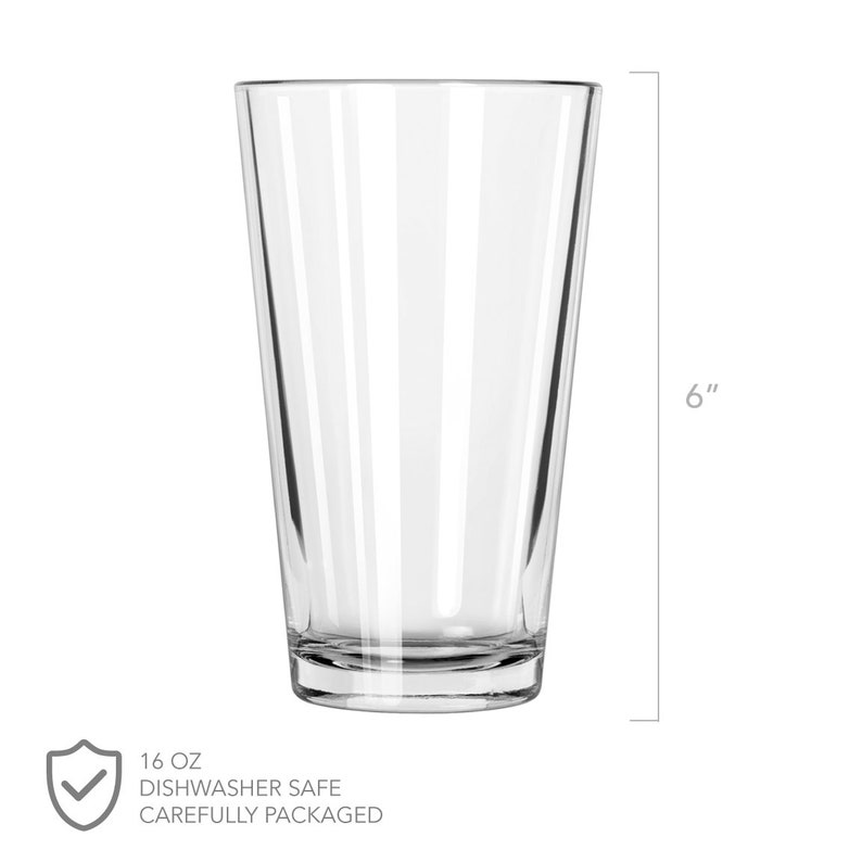 May include: A clear glass 16 ounce pint glass, 6 inches tall. Dishwasher safe.