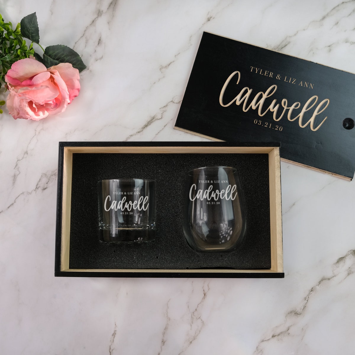 Personalized Gift for Couple - Engraved Wine and Whiskey Gift Set | Etched His and Hers Glasses | Mr and Mrs Glasses, Design: L7 - Etsy