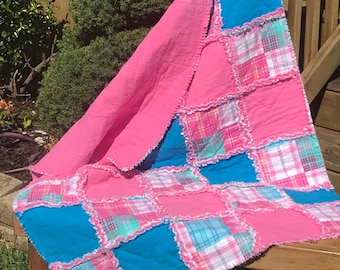 Handmade pink, turquoise, and mint green plaid Baby Rag Quilt. 100% cotton baby bedding, toddler bedding, or lap throw. Super soft and sweet