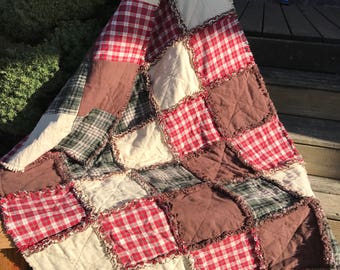 Lodge look Baby Rag Quilt, In Green Plaid, Tan, Red Plaid, and Brown. Handmade Quilt. Nursery bedding w Rustic look.