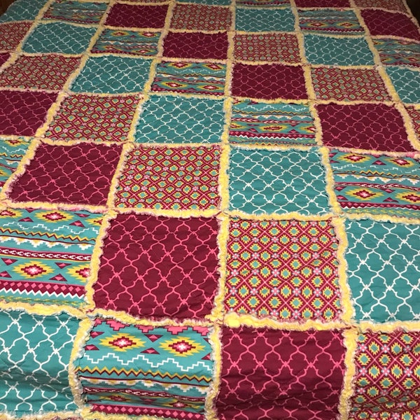 Discounted 10%! Queen Size Southwest Rag Quilt, In an Aztec/Geo print with bright shades of citron, green turquoise, white, magenta and pink