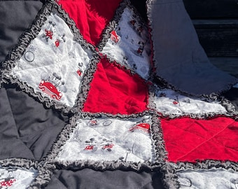 Mickey Mouse and Minnie Mouse Vintage Romance Rag Quilt! Black, White, Gray and Red. Mickey Mouse baby quilt. Super cute Vintage Disney look