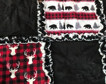 Lodge Baby Rag Quilt, In Buffalo Plaid w stag Deer, striped buffalo plaid with bears and evergreen trees. Handmade quilt. Rustic Nursery.