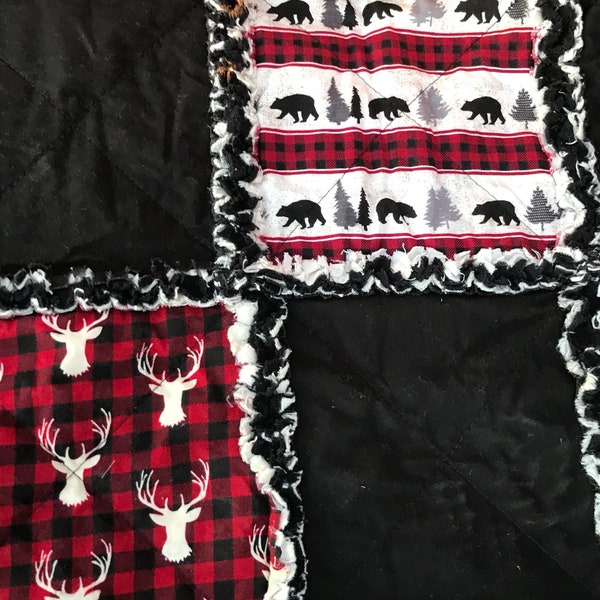 Lodge Baby Rag Quilt, In Buffalo Plaid w stag Deer, striped buffalo plaid with bears and evergreen trees. Handmade quilt. Rustic Nursery.