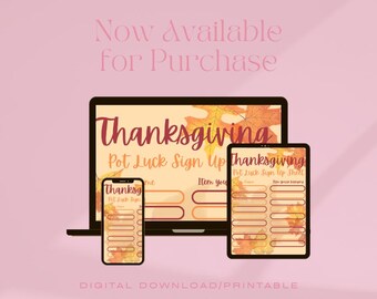 Könnte beinhalten: Ein digitales Thanksgiving-Potluck-Anmeldeformular, das auf einem Laptop, Tablet und Smartphone angezeigt wird. Das Design zeigt Herbstblätter und den Text "Thanksgiving Pot Luck Sign Up". Der Hintergrund ist ein zartes Rosa.