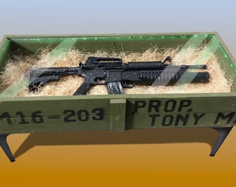 M16\M203 Weapons Crate Coffee Table with Plexiglass top and LED striplights
