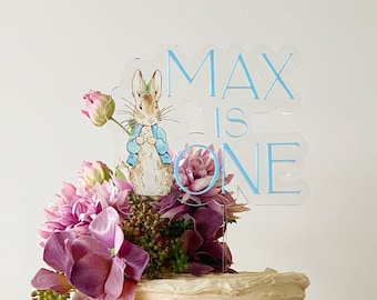 Peter Rabbit Cake Topper - Personalised Floating Cake Topper - Clear Acrylic - One Cake Topper | Peter Rabbit 1st Birthday Topper