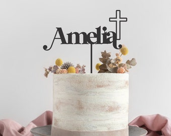 Personalised custom name baptism cake topper with cross - cake decoration wood rustic religious - express post express shipping - Rose gold