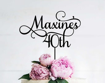 May include: A two-tiered white cake with pink flowers on top. A black cake topper with the text "Maxine's 40th" is on top of the flowers.